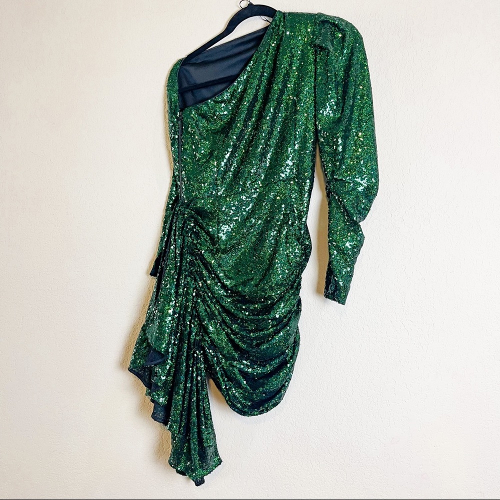16Arlington One Sleeve Draped Sequined Tulle Mini Dress Green Size UK 8 US 4 - Picture 7 of 15